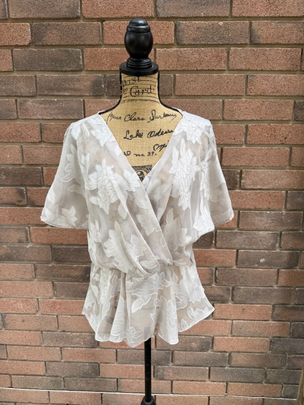 Wayf Cream Floral Lace Wrap Peplum Blouse Size Large